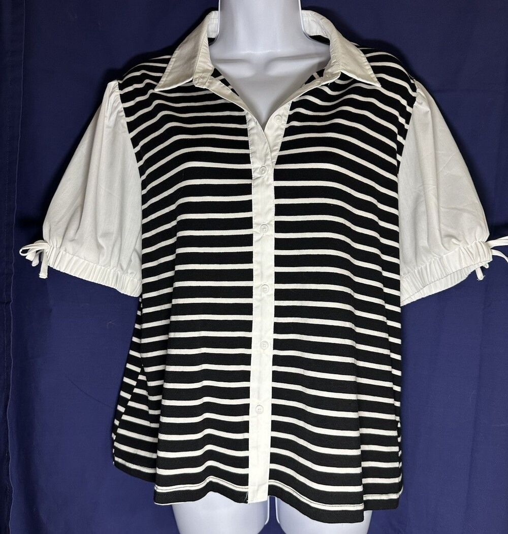 Nanette Lepore Top XL Black White Striped Button Front Puff Sleeve Mixed Media